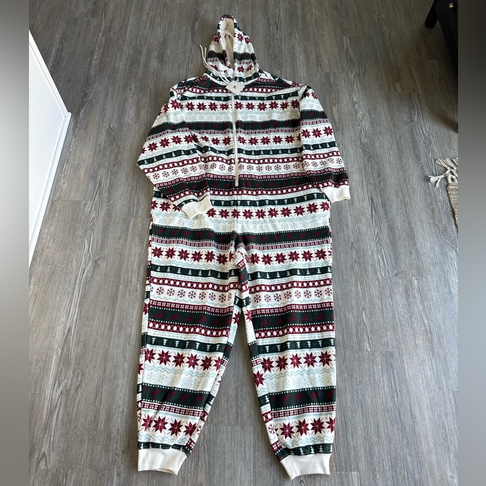Fabletics Holiday Fleece Hooded Onesie - Red and Green